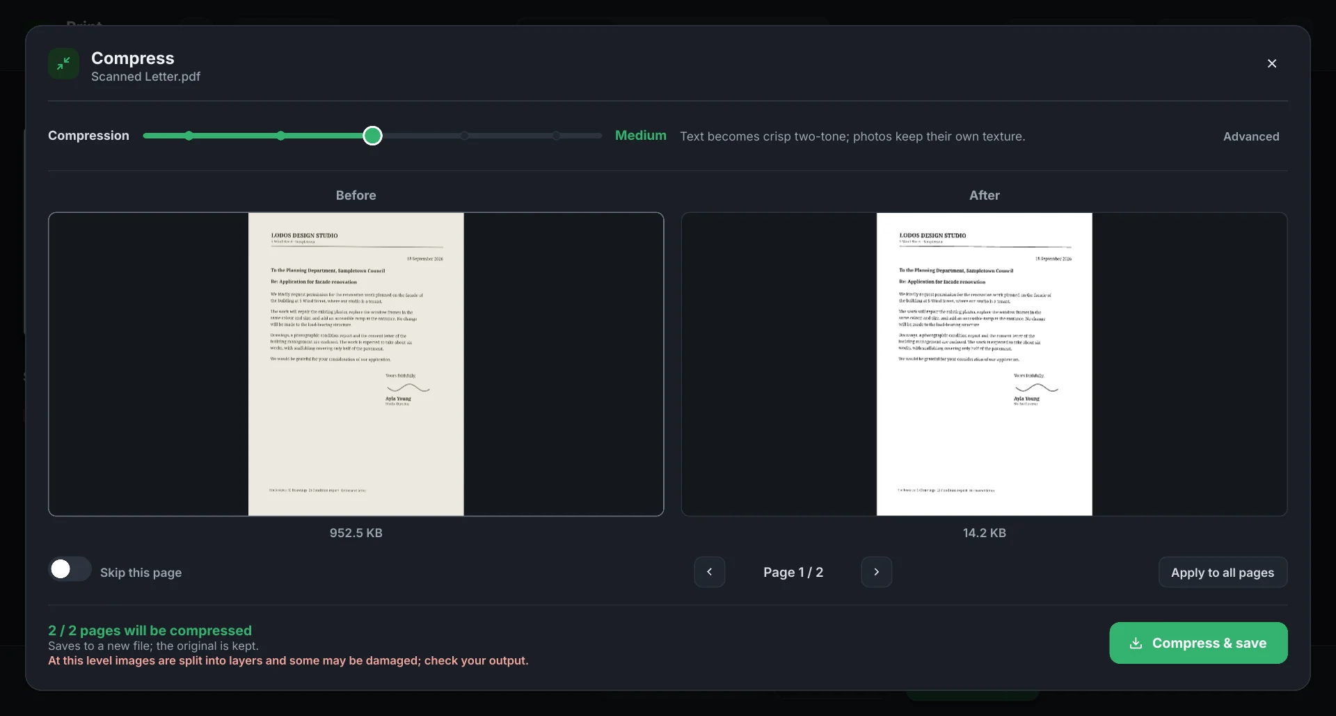Deste’s compression window: the five-level slider at Medium; on the left the original page of a scanned letter at 952 KB, on the right the compressed page at 14 KB.