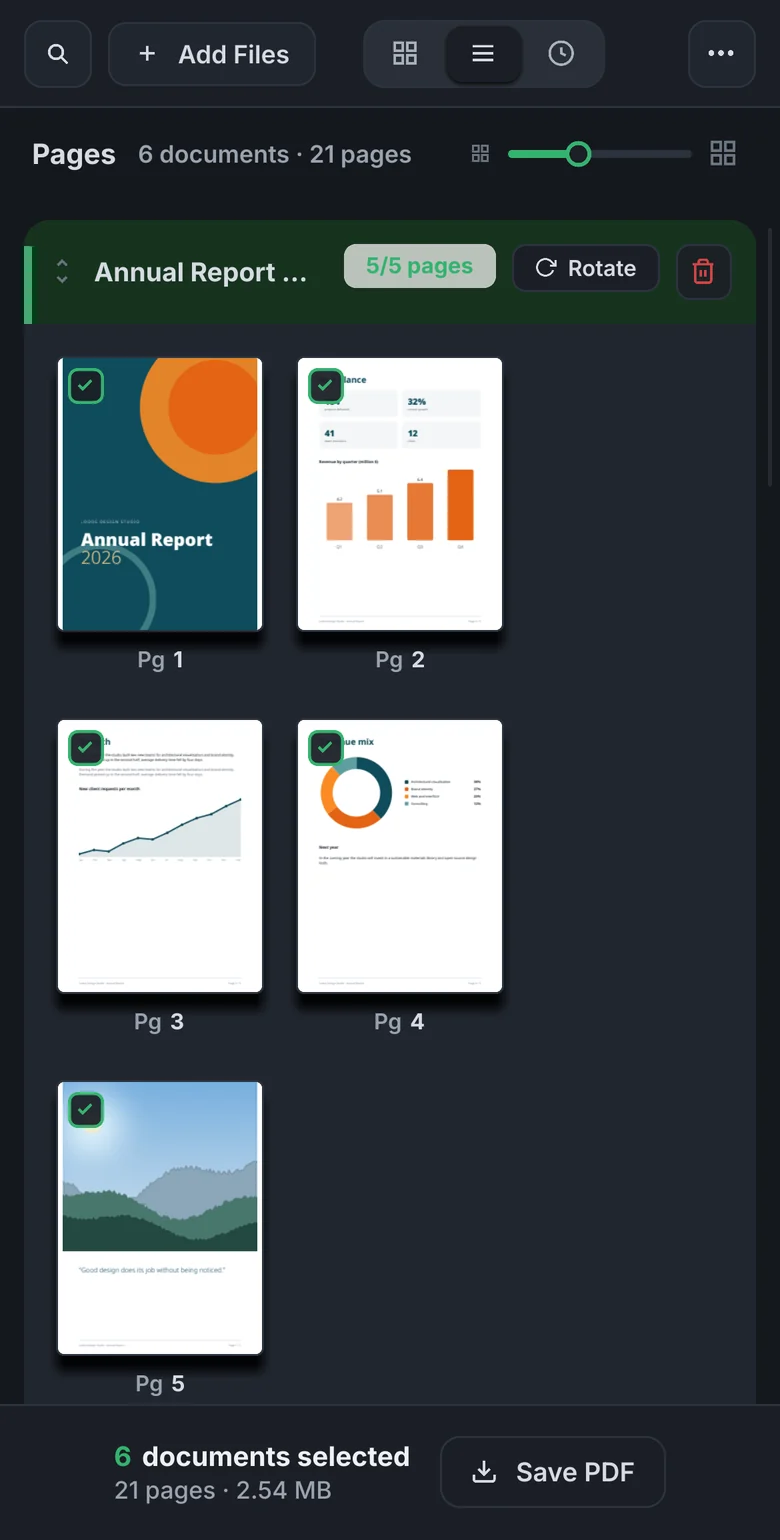 Deste on a phone: the All Pages view with the annual report’s pages.