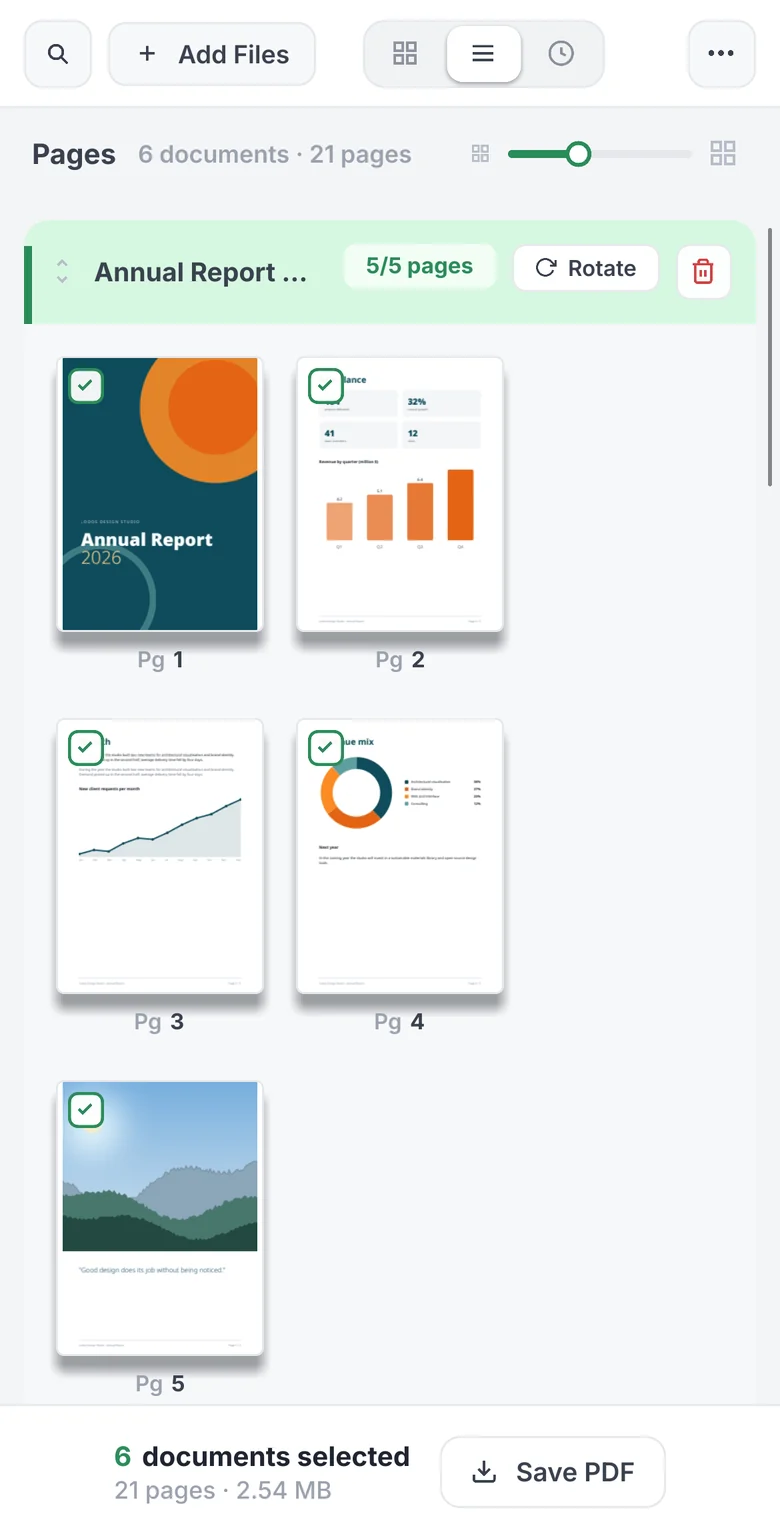 Deste on a phone: the All Pages view with the annual report’s pages.
