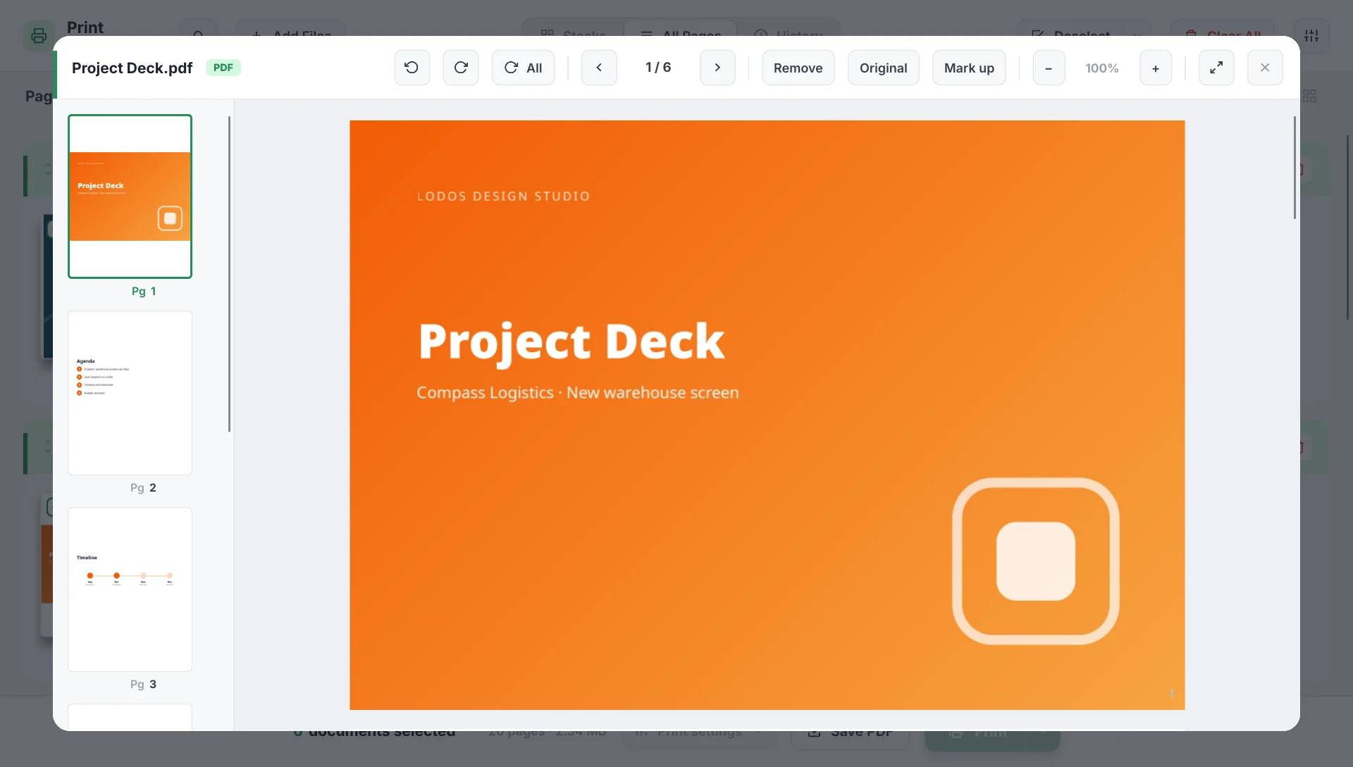 Deste’s preview: a page rail on the left and the orange cover slide of a deck shown large.